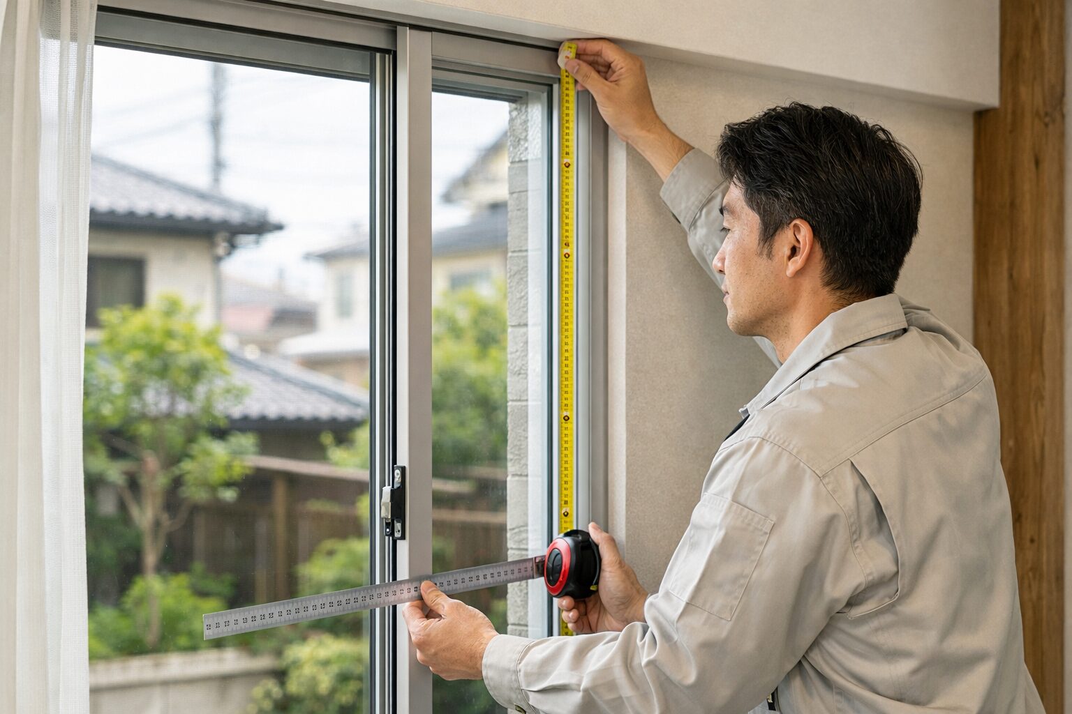 日本人男性が窓枠寸法を測る様子