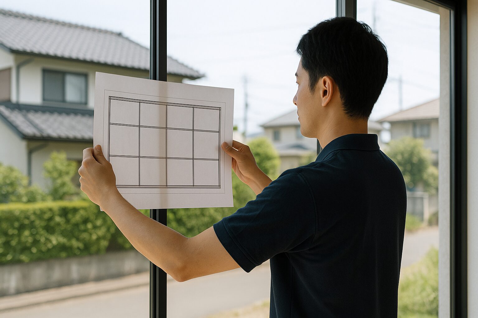 ガラス張り平面図を確認する男性