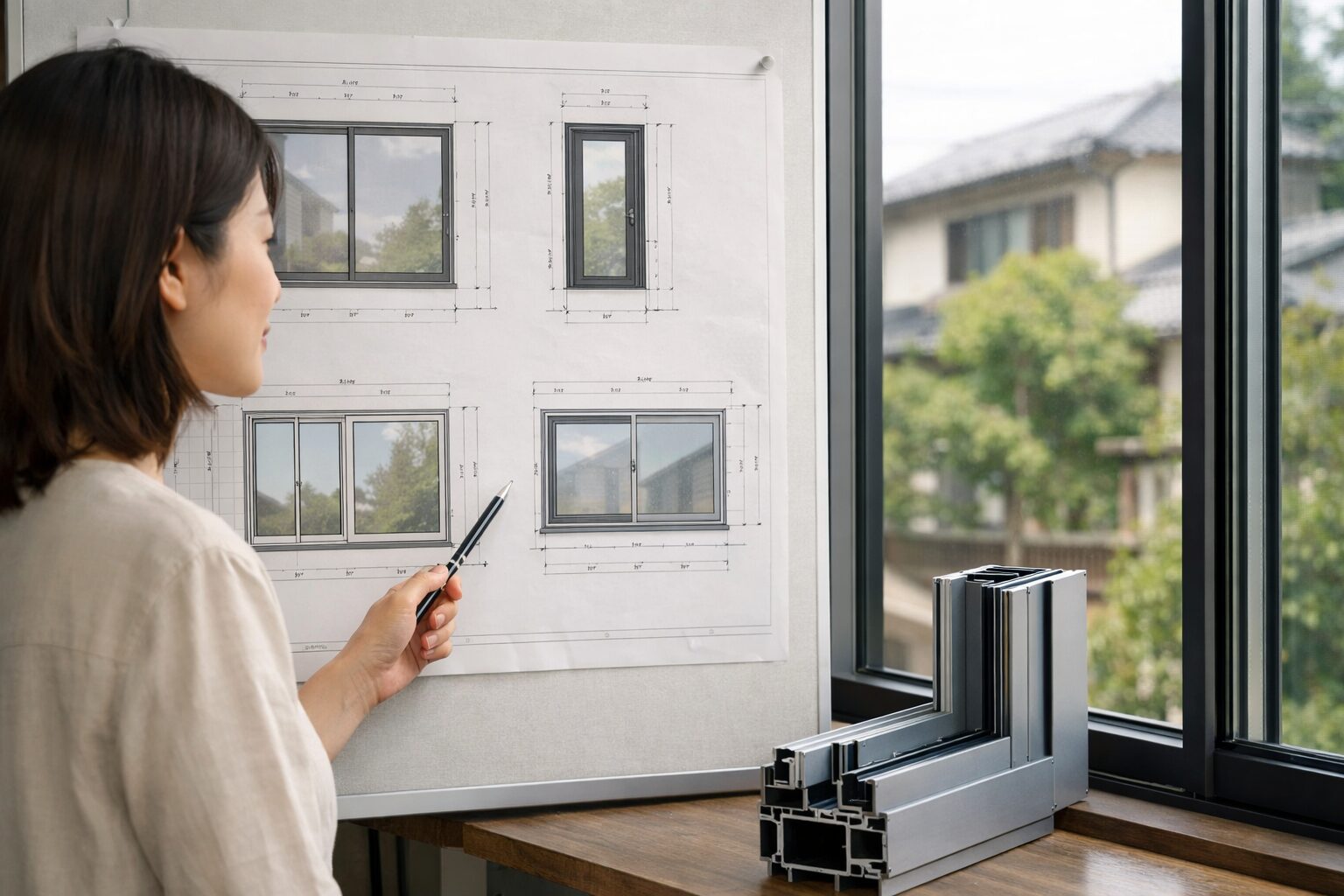 日本人女性が建物立面図の窓を確認