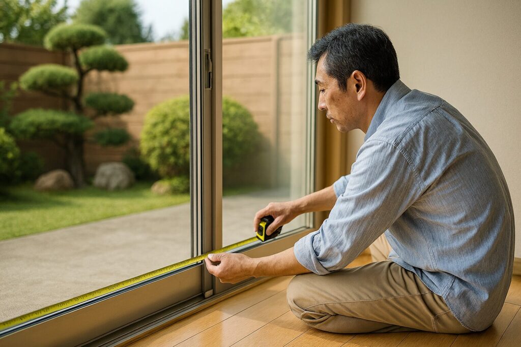 サッシの掃き出しで寸法を測っている男性