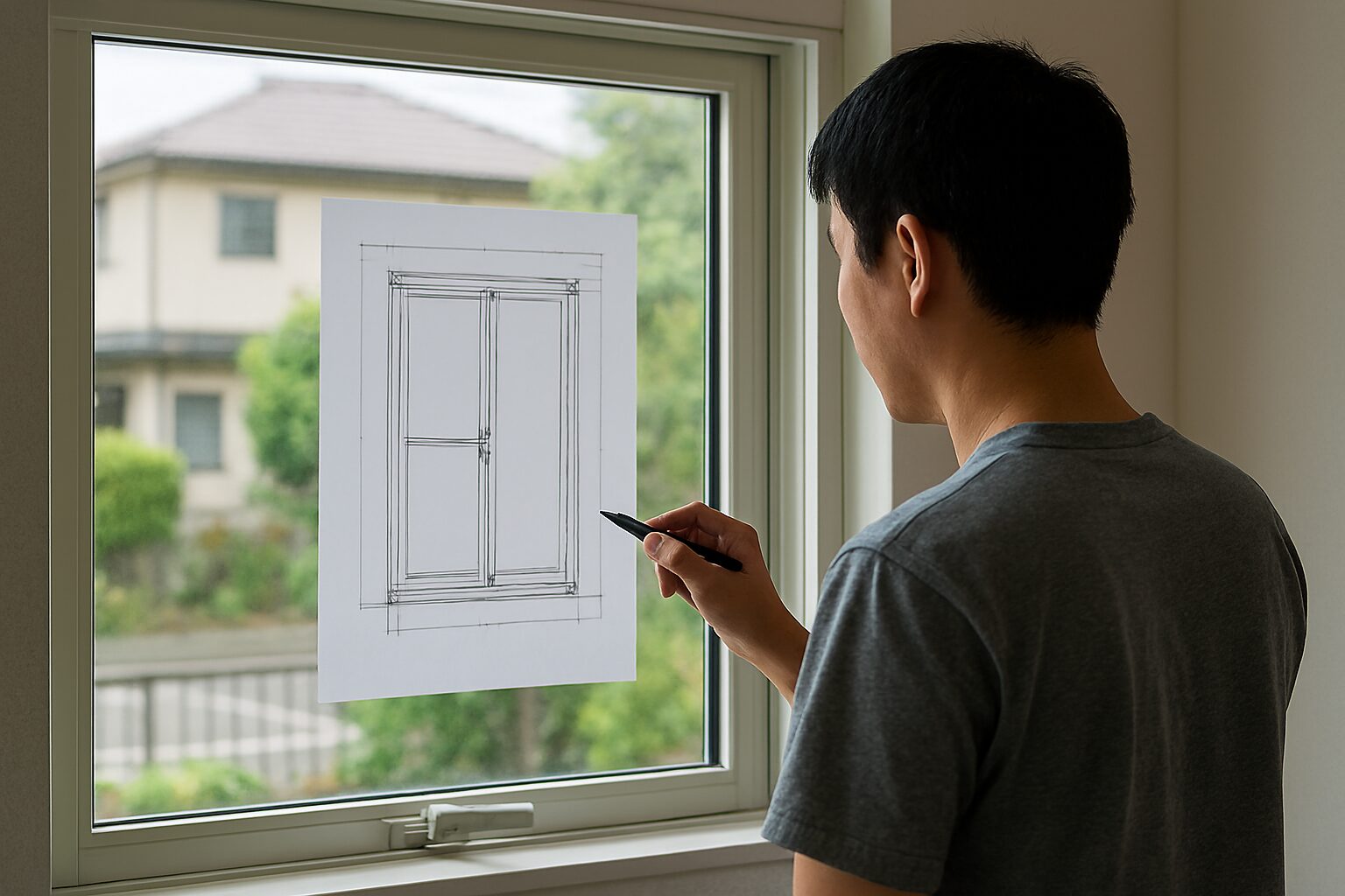 窓の立面図の読み解く日本人男性