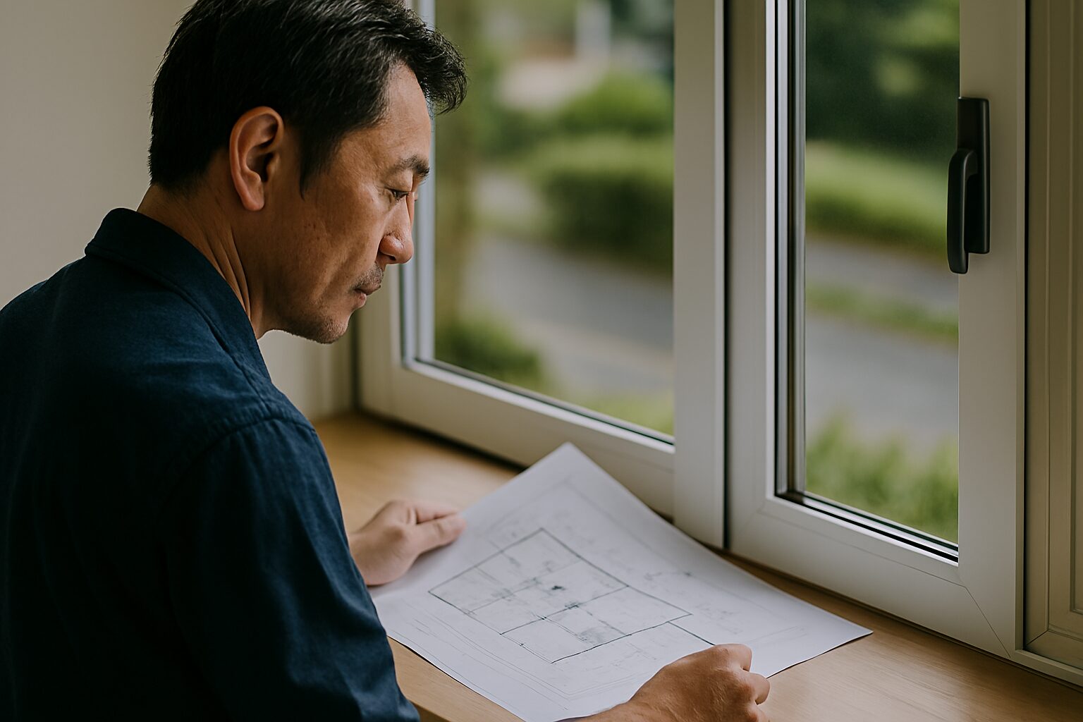 設計図窓を確認する日本人男性