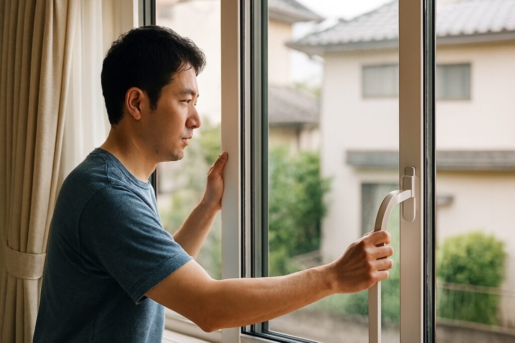 日本人男性が窓の開閉方式を確認