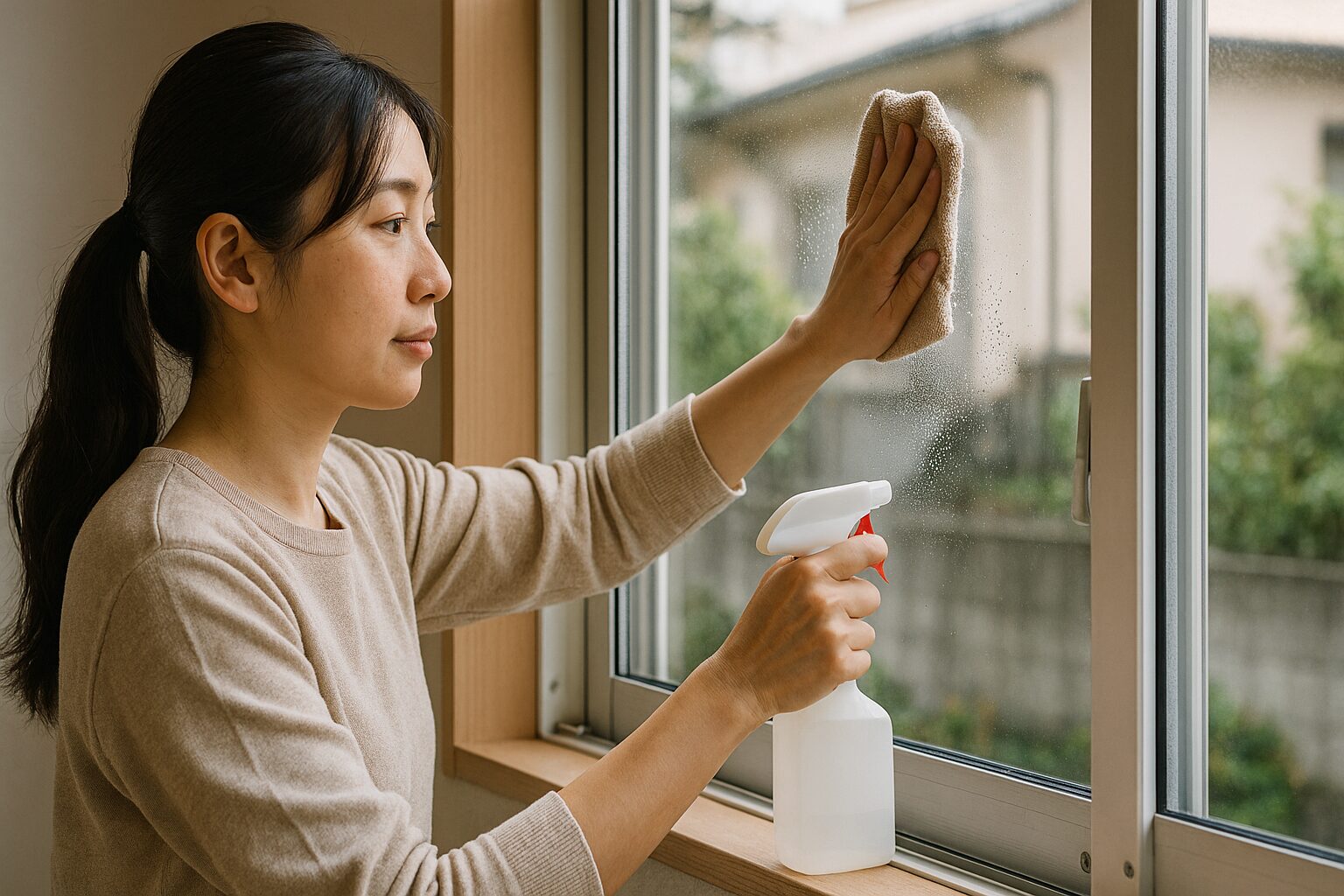 サッシの音を止めるスプレーを吹きかけた日本人女性