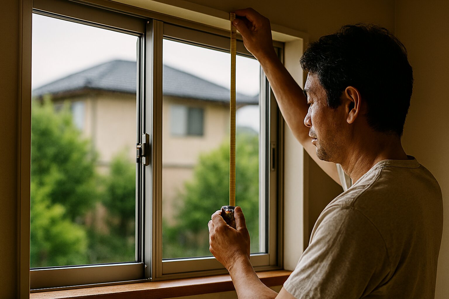 窓サッシ寸法を測る日本人男性