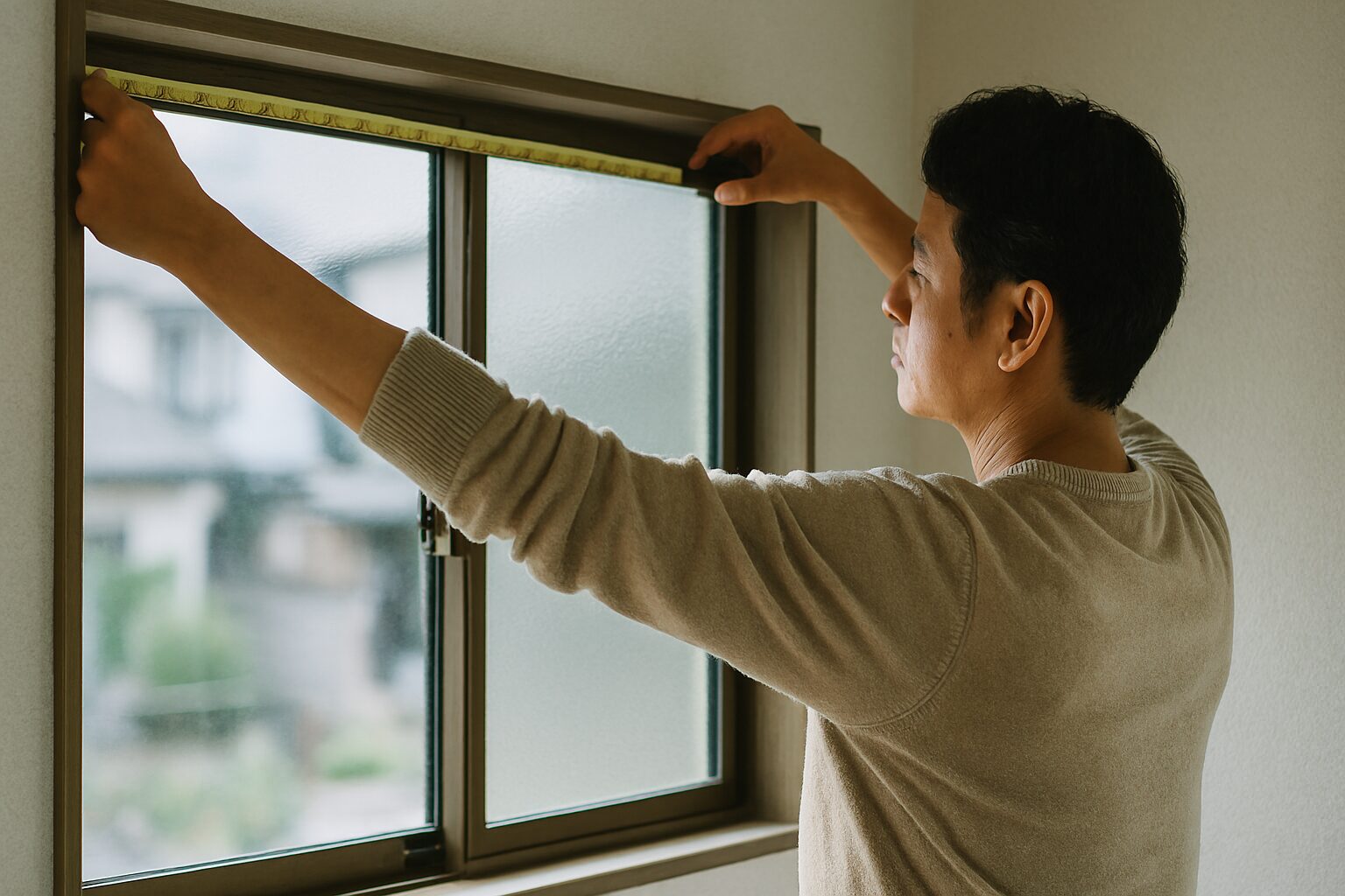 日本人男性が図面窓寸法を確認するサッシ