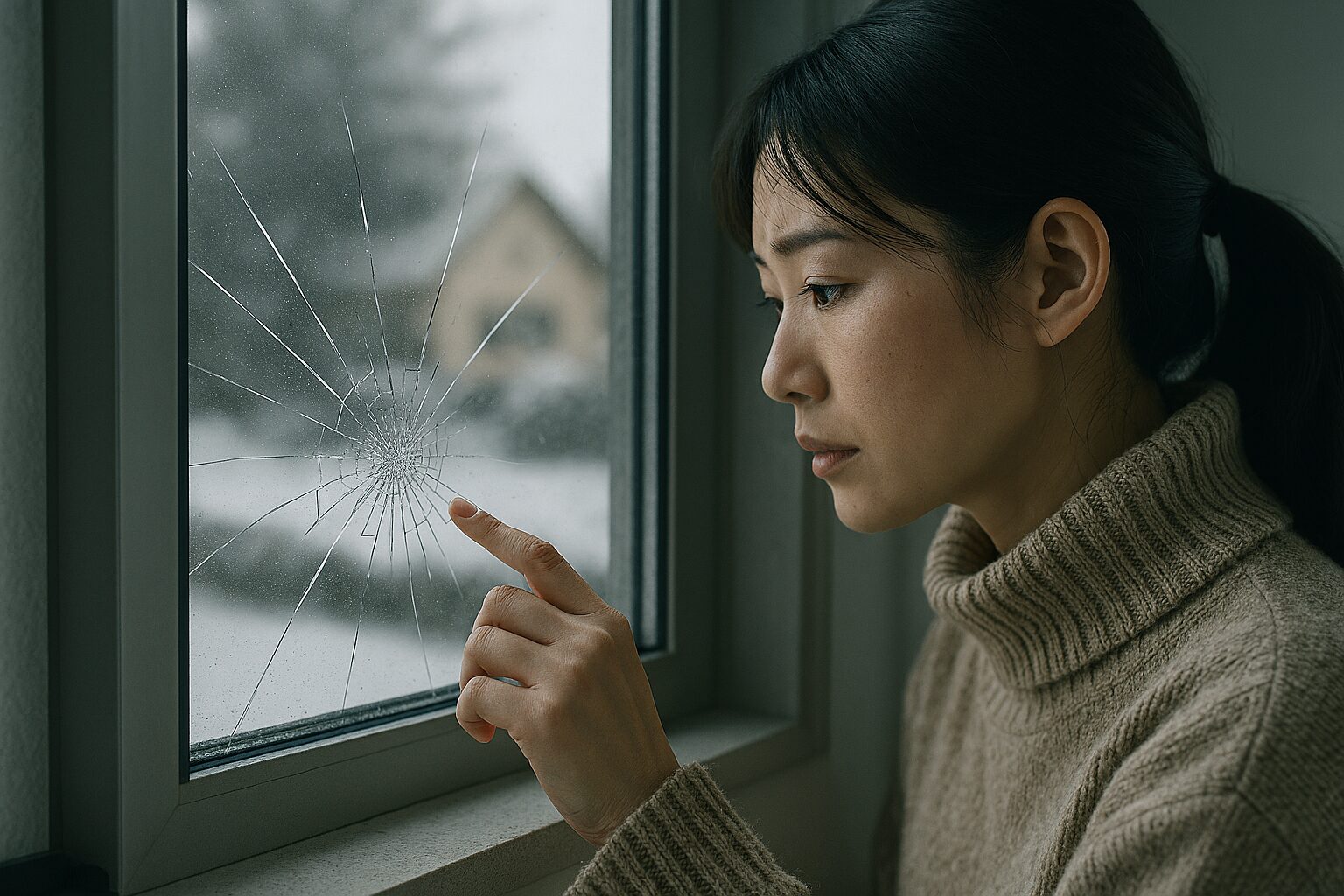 ガラスの熱割れを見つめる冬の女性