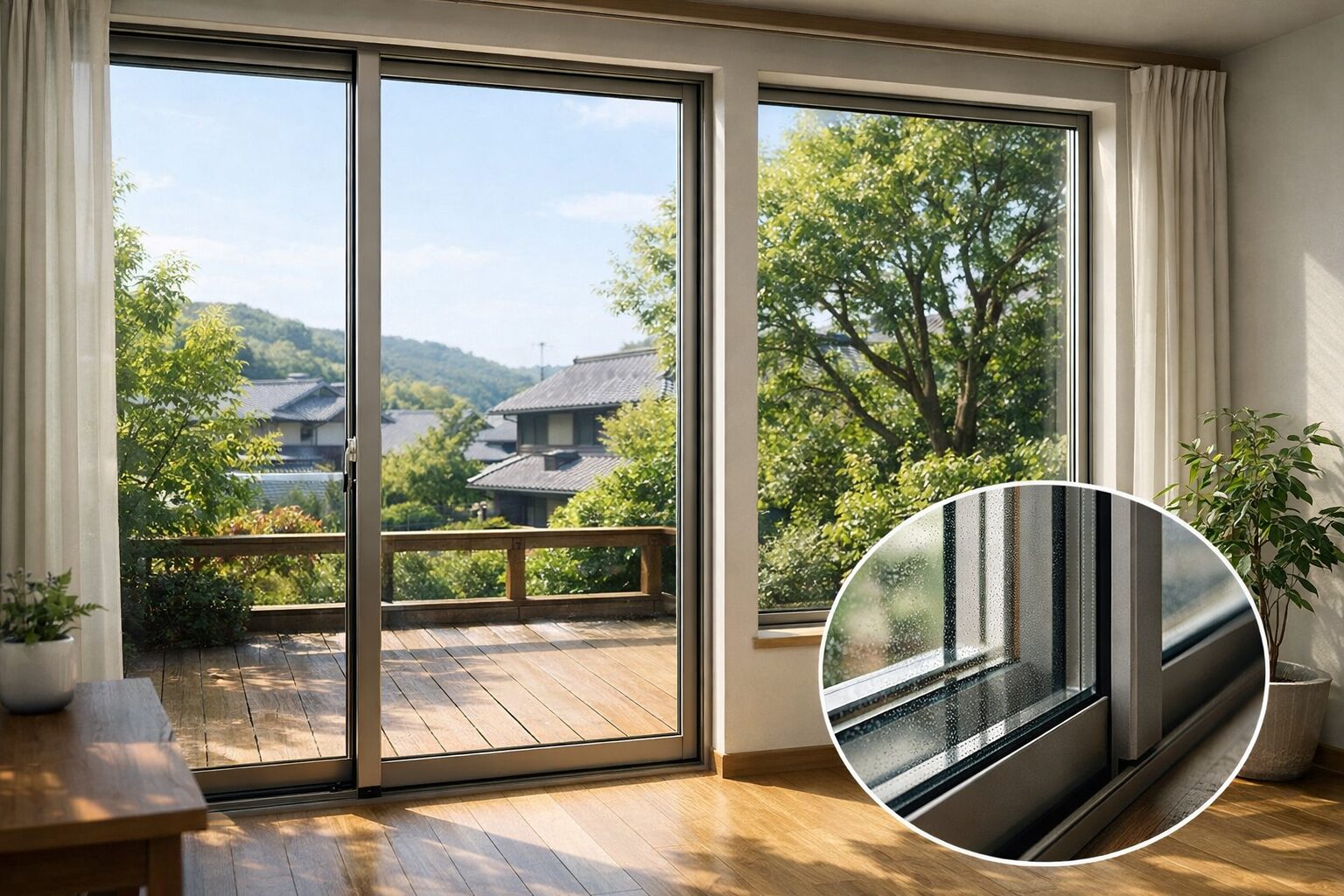 明るいリビングと庭の眺め