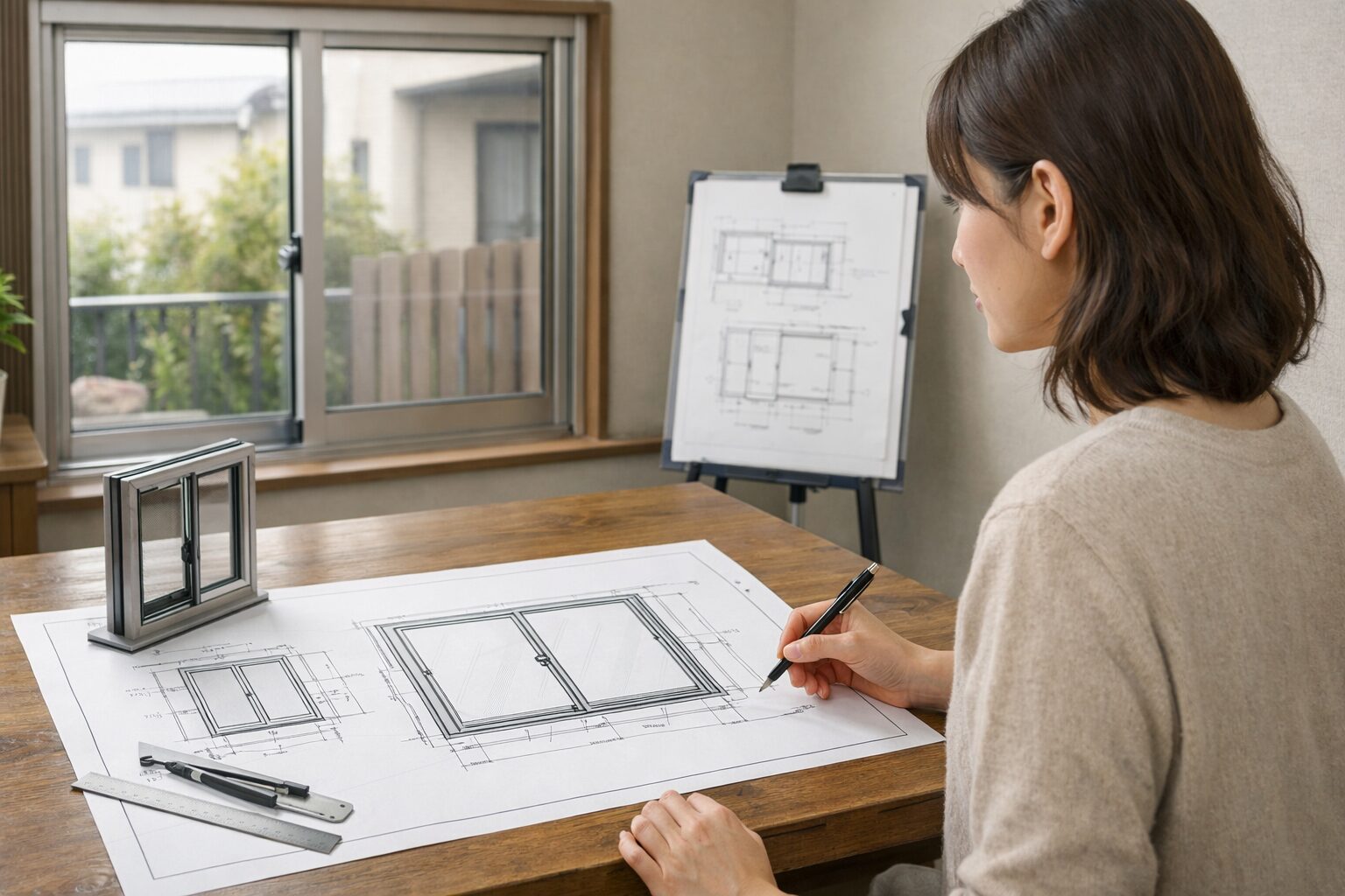 日本人女性が引き違い窓の図面を確認