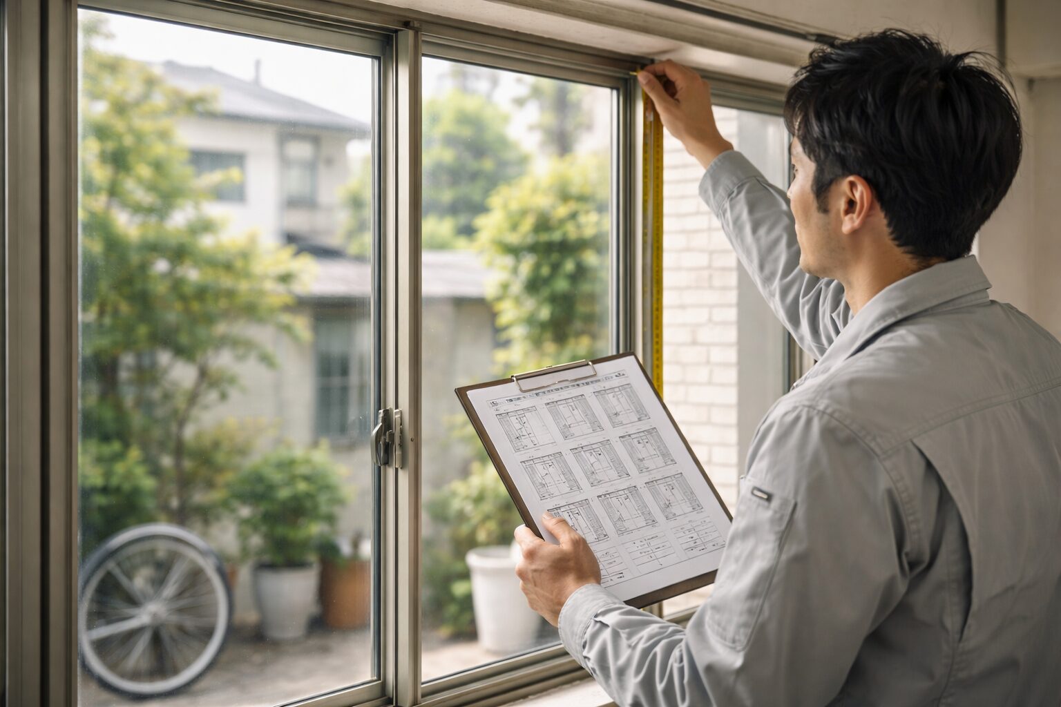 日本人男性がサッシ寸法の規格表を確認