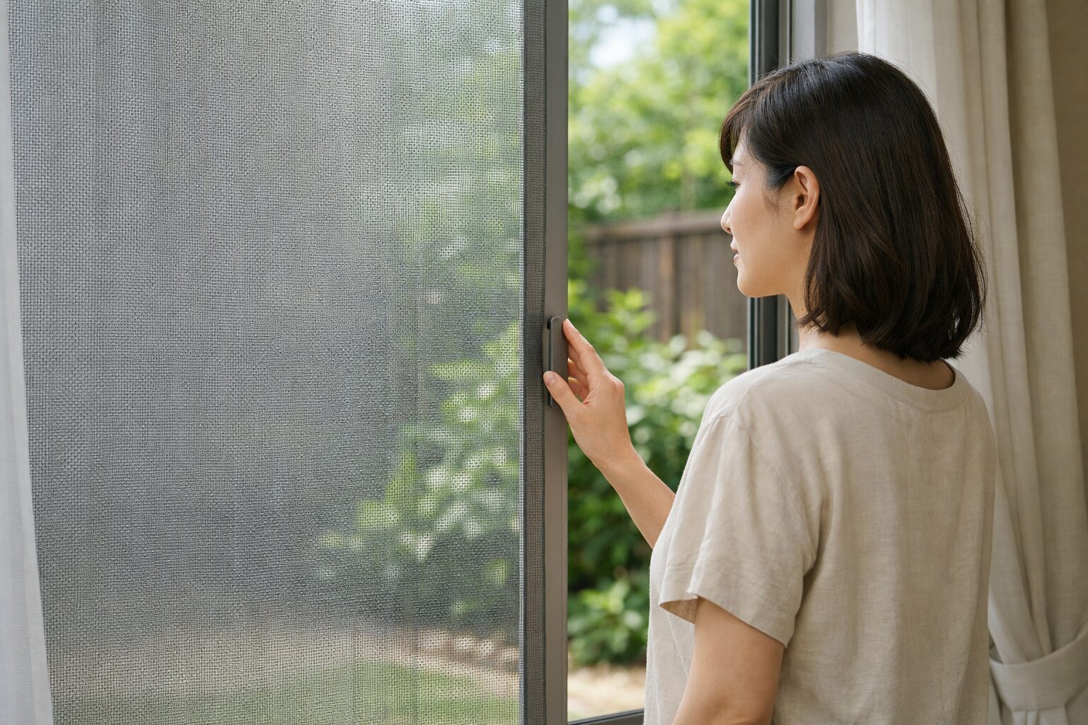 日本人女性が網戸の目隠しで風通しの状態を確認