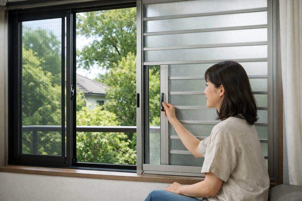 窓辺で風通しを感じる日本人女性