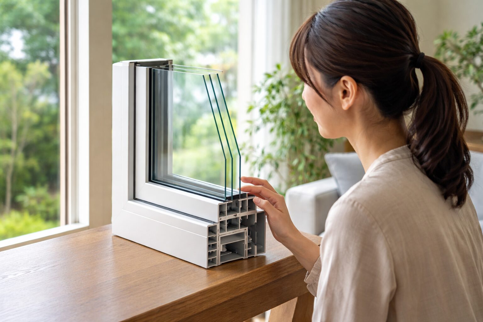 日本人女性が窓断面を確認