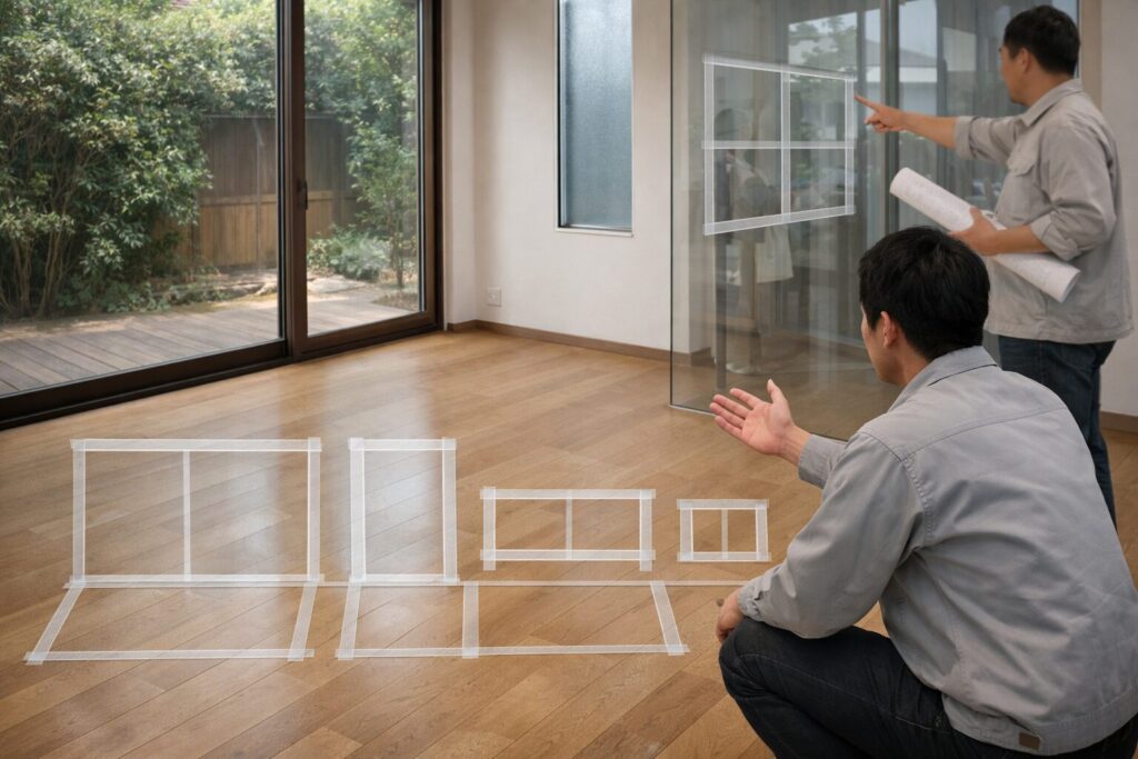 日本人男性が窓配置の間取り図を確認