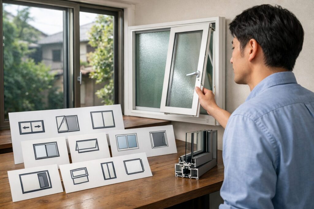 日本人男性が窓の間取り記号を指し示す様子