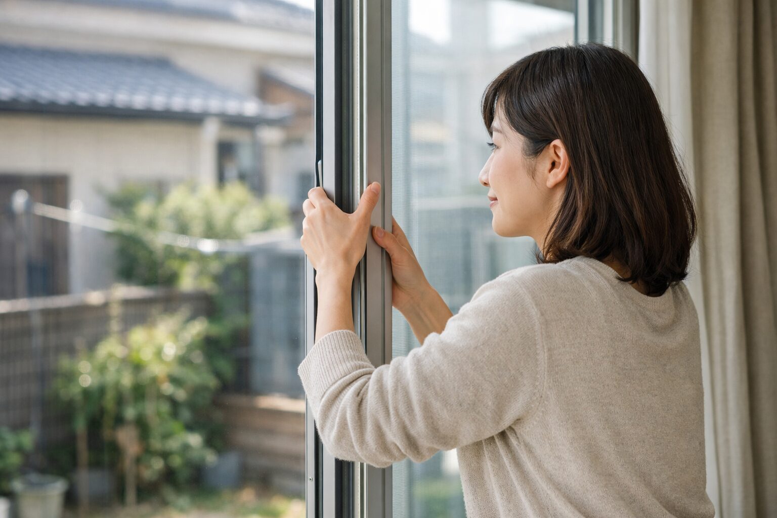 日本人女性がサッシ抱き構造をチェックする場面