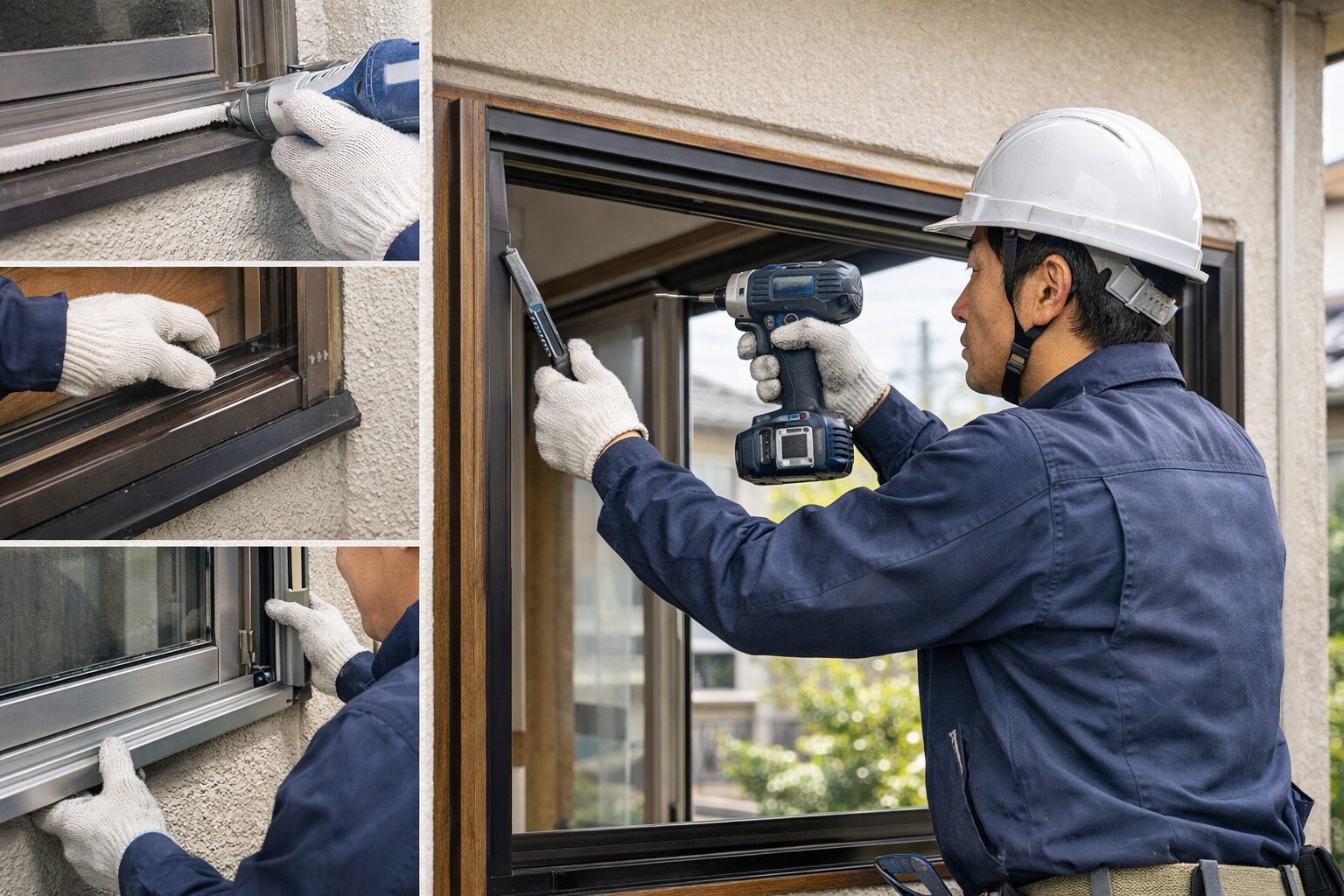 日本人男性がサッシを施工する様子