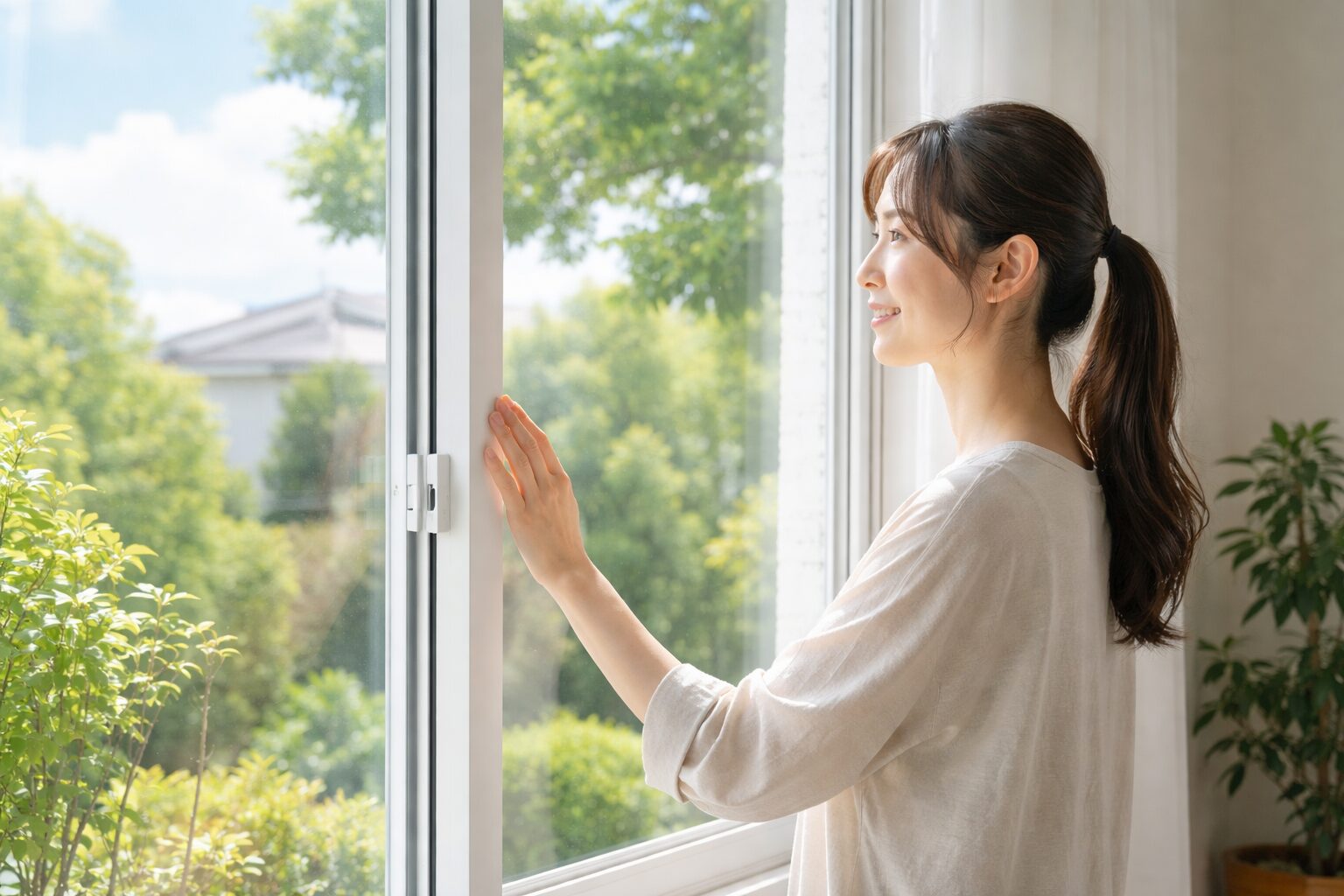 日本人女性がUVカット額縁を見る