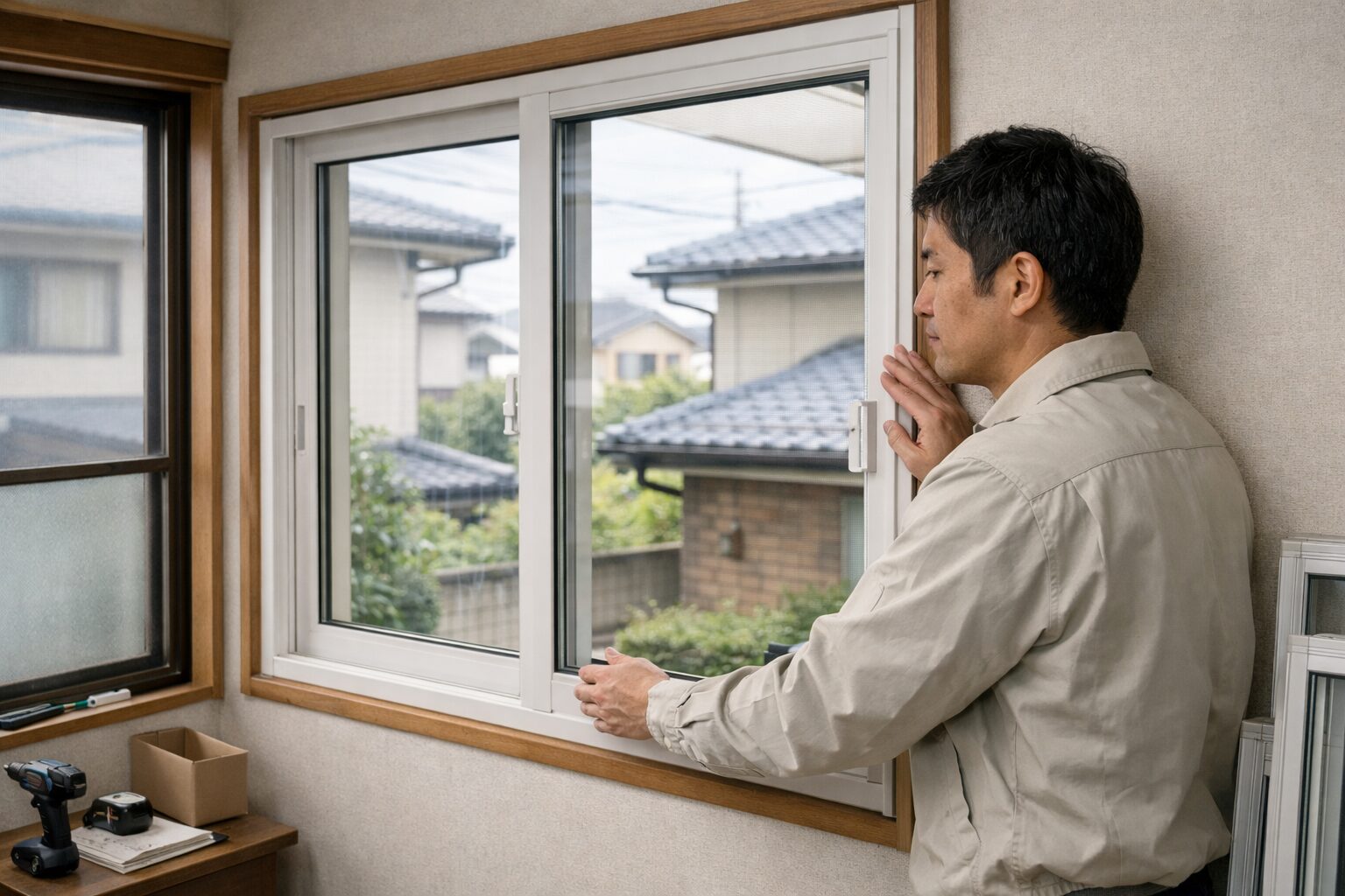 内窓を見る日本人男性とクシル納期