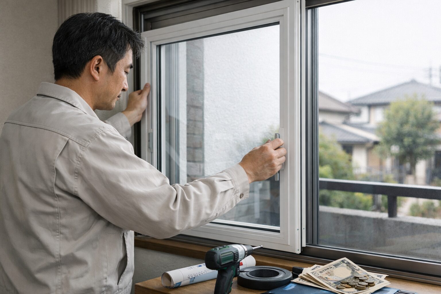 日本人男性が内窓を設置する様子