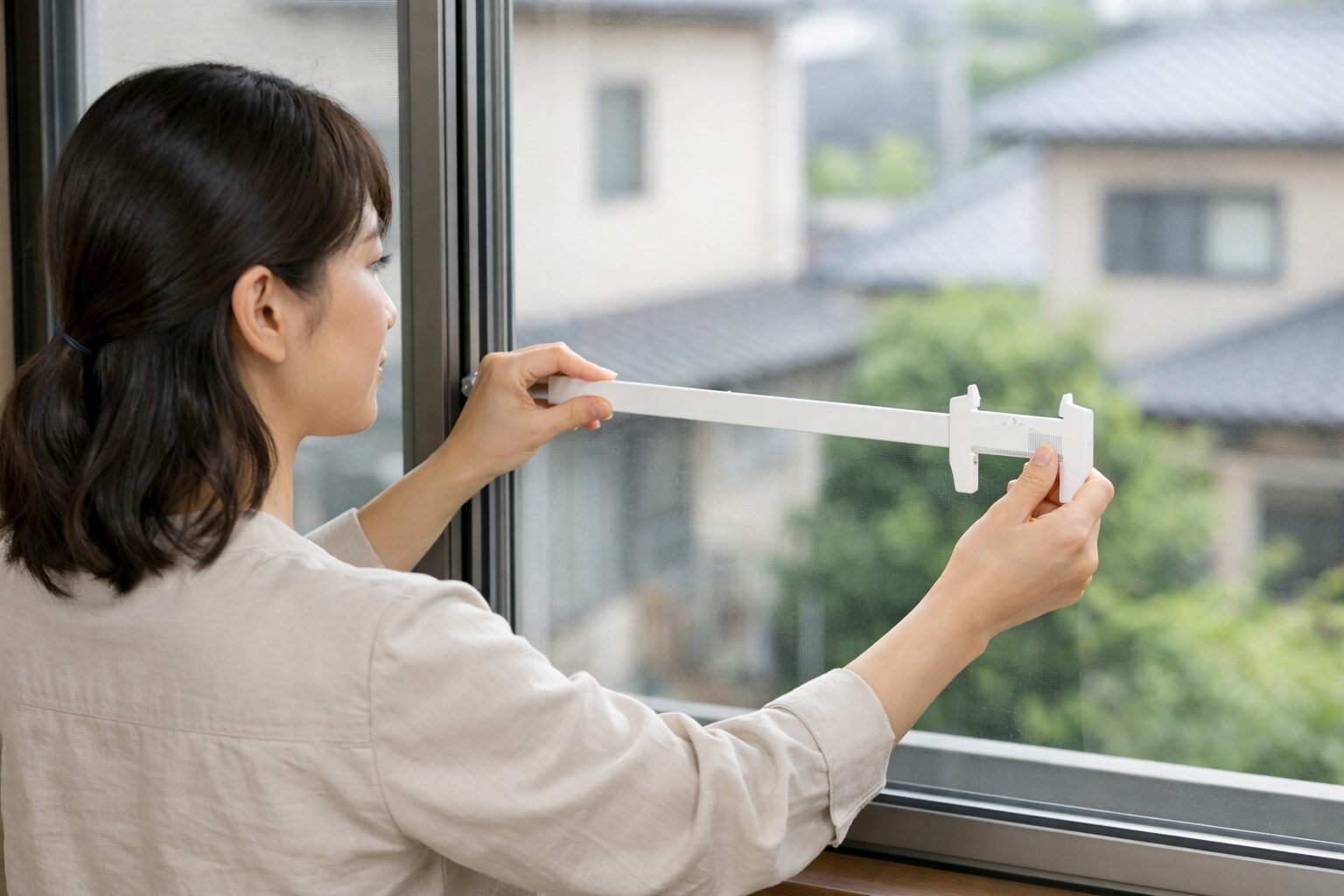 日本人女性がサッシ幅を測る様子