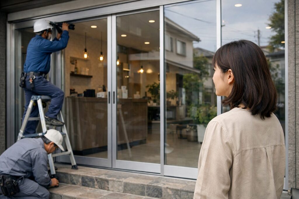 日本人女性がサッシ寸法を見比べる場面