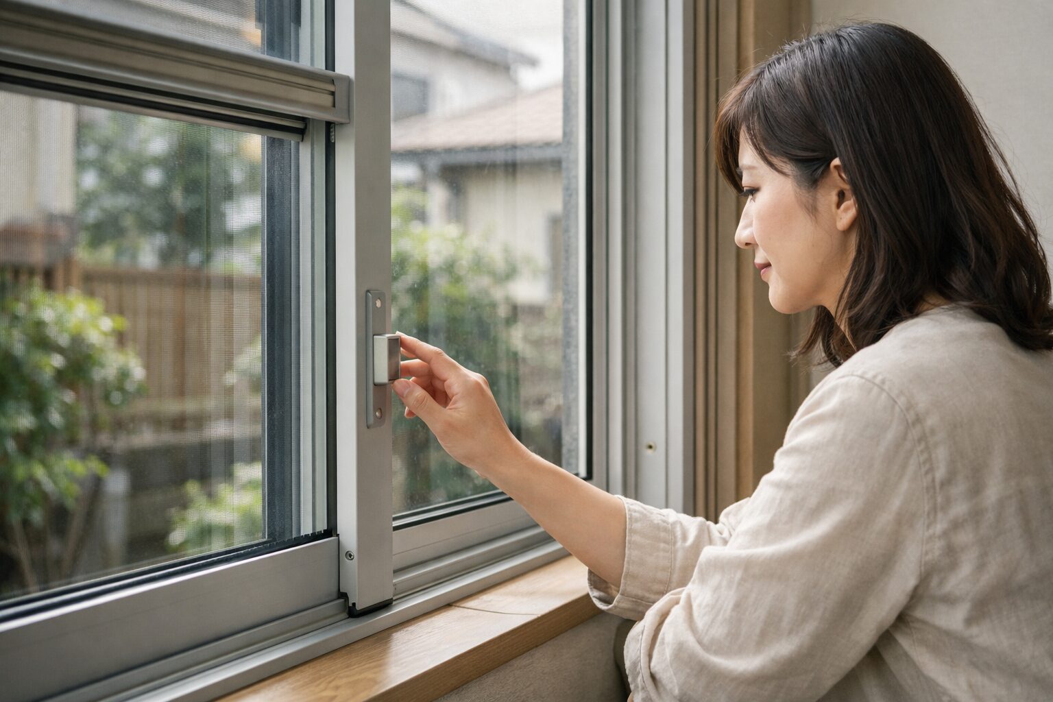 日本人女性が窓枠の部分を指す様子
