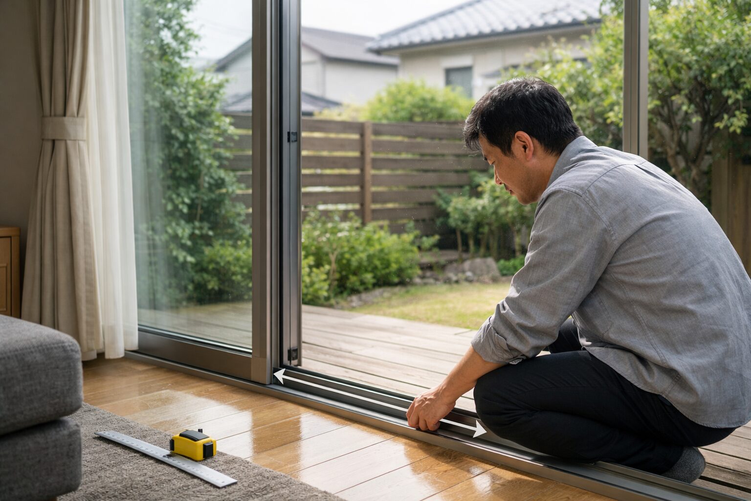 日本人男性が掃き出しサッシ寸法を確認する様子