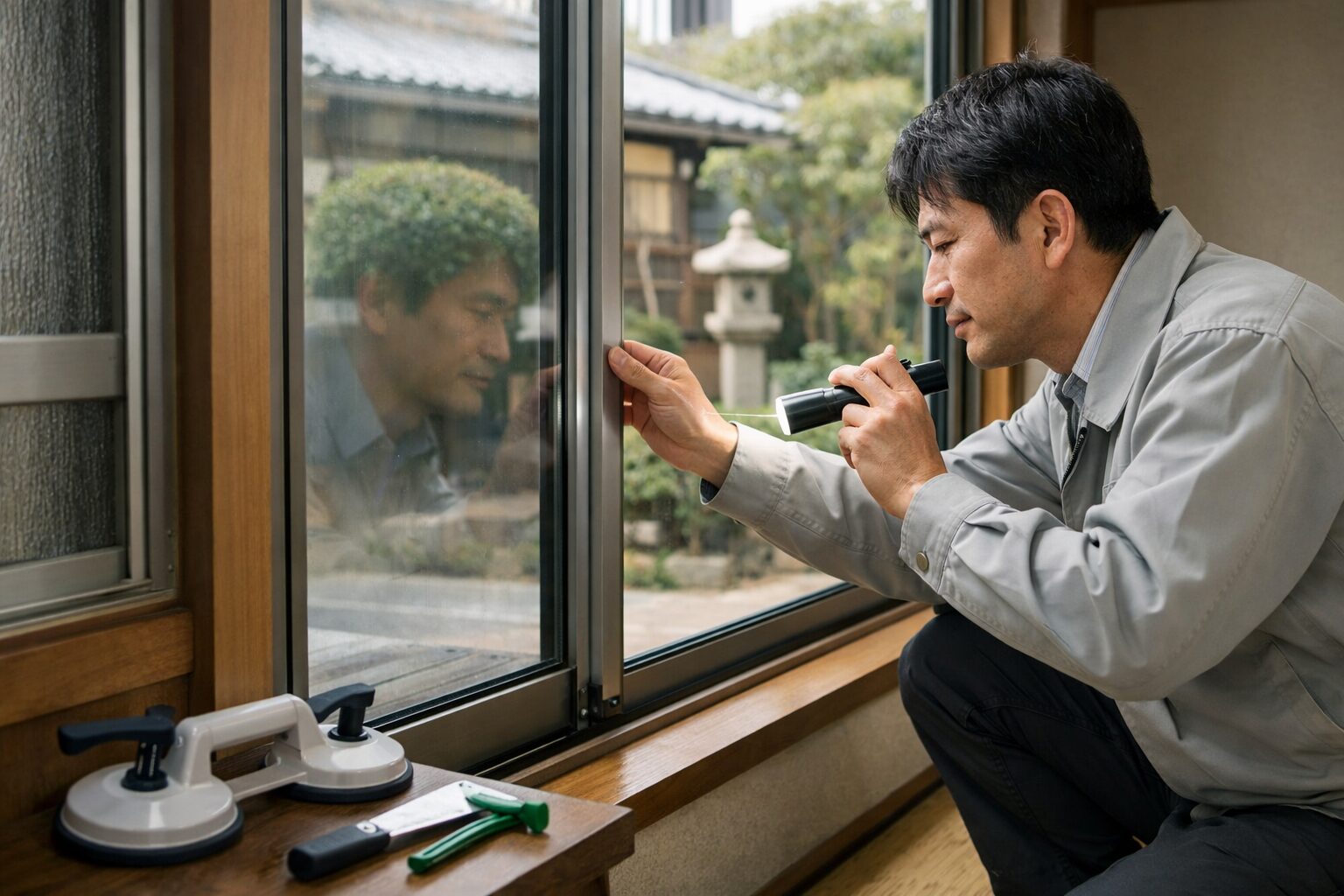 日本人男性がガラスflの輝きを眺める様子