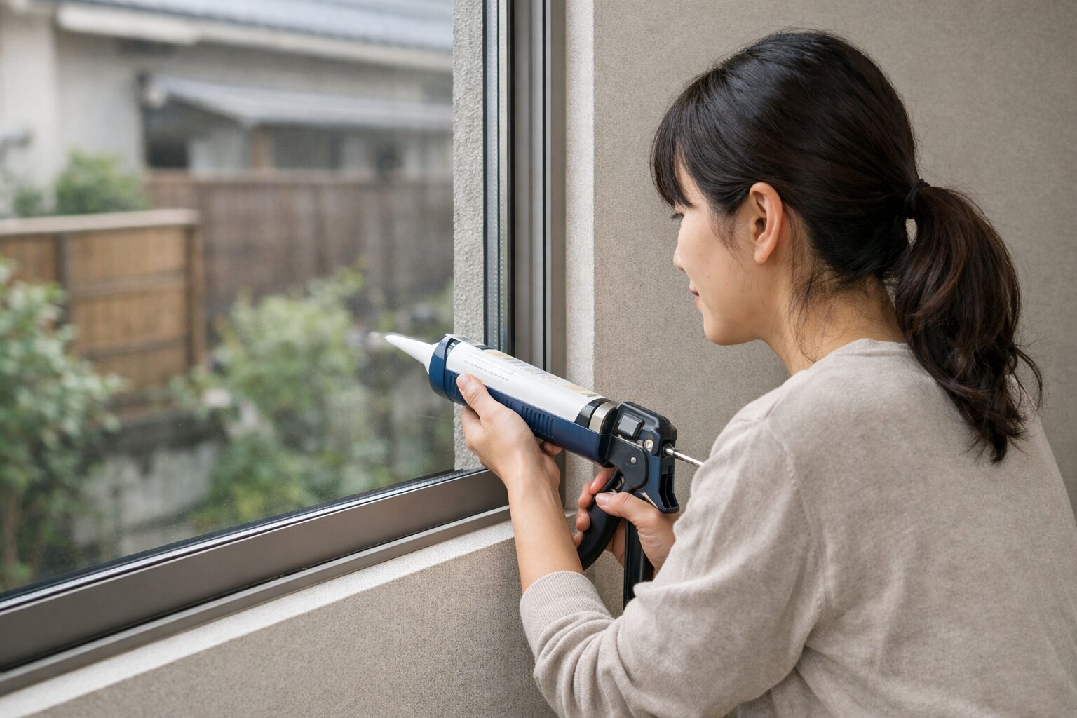 日本人女性が窓まわりのシーリングを補修