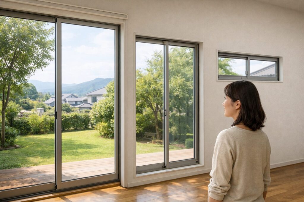 日本人女性がサッシの大きさを確認