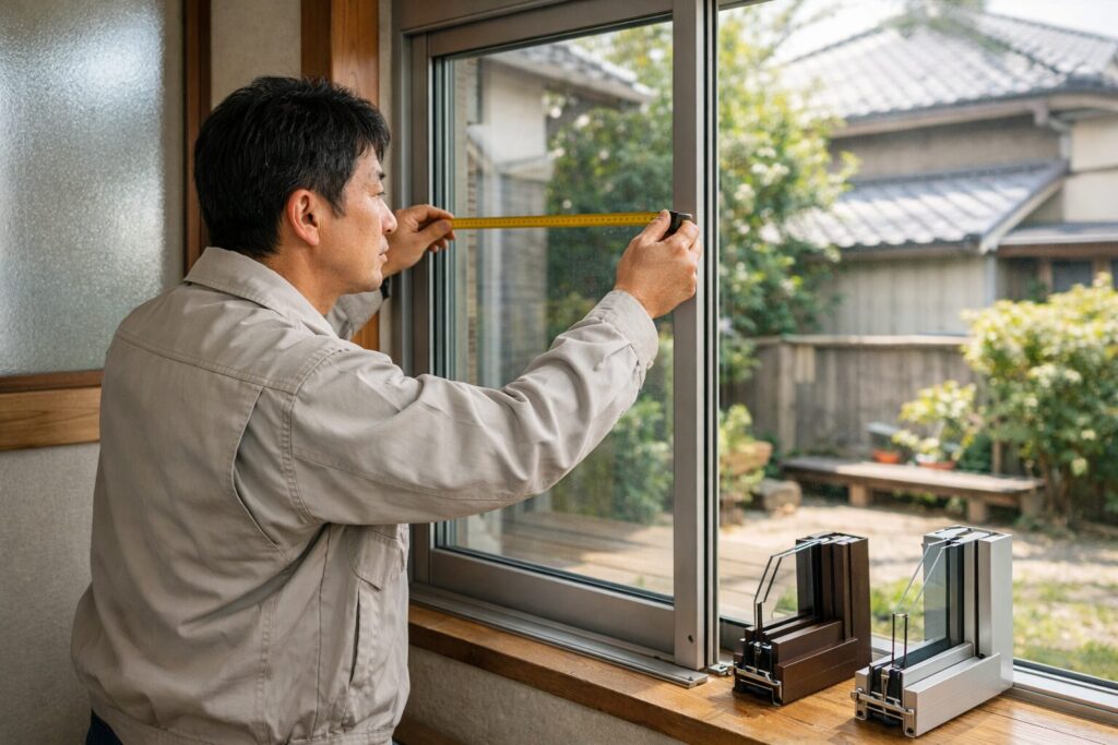 日本人男性がサッシ規格寸法表を確認