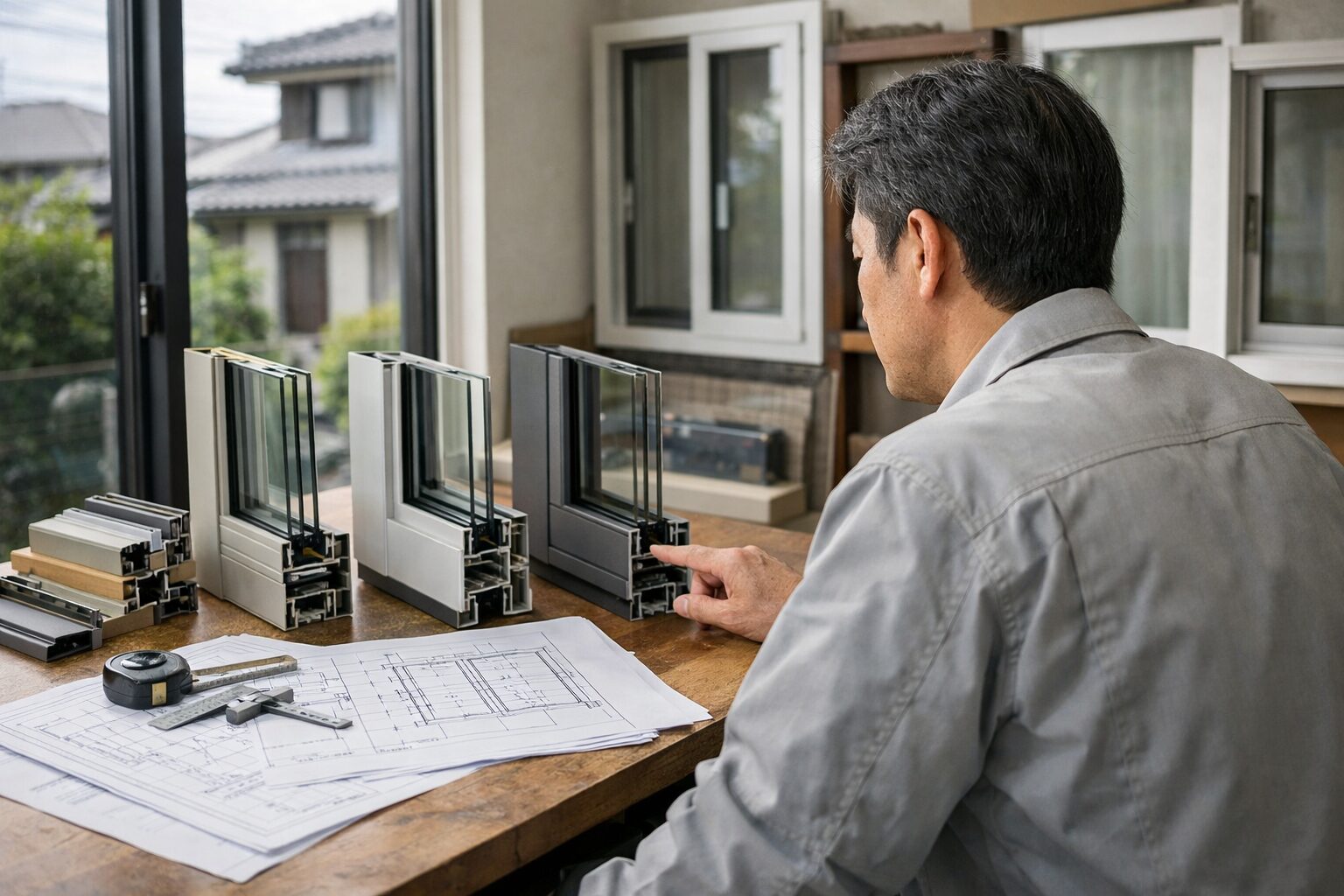 日本人男性がサッシ規格の寸法を確認する様子