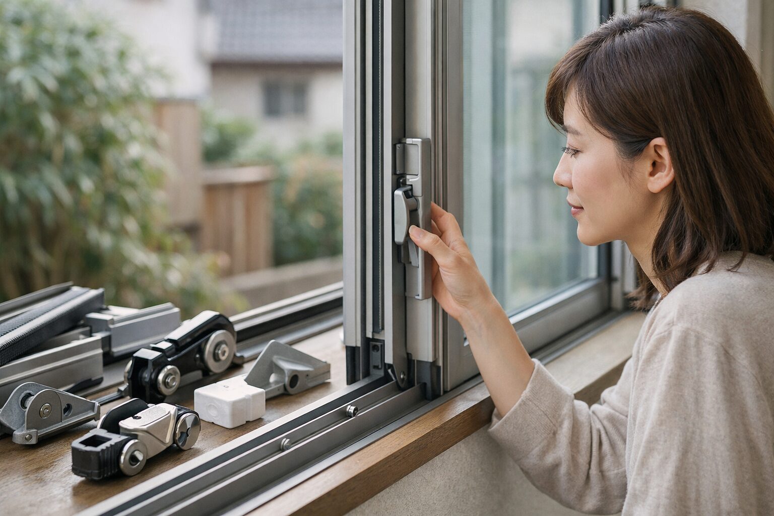 日本人女性がアルミサッシ部品名称を確認