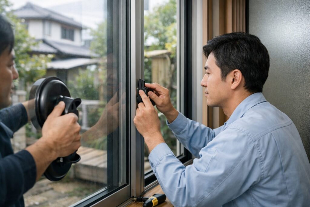日本人男性がガラス越しに佇む様子
