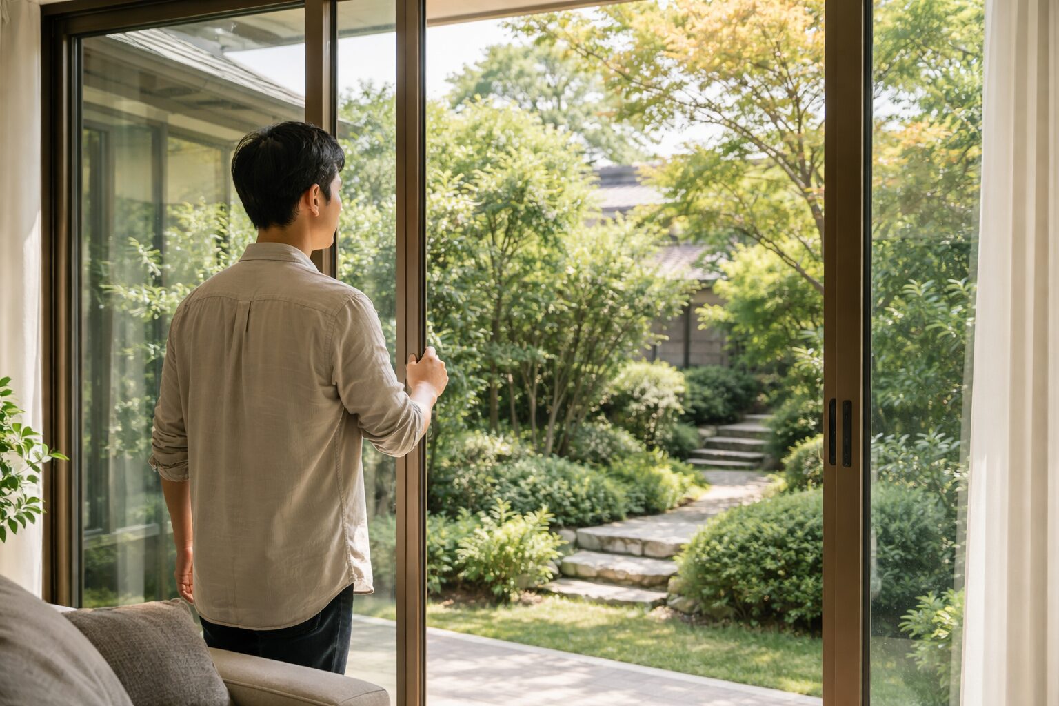 日本人男性がB2ポスターフレームを配置