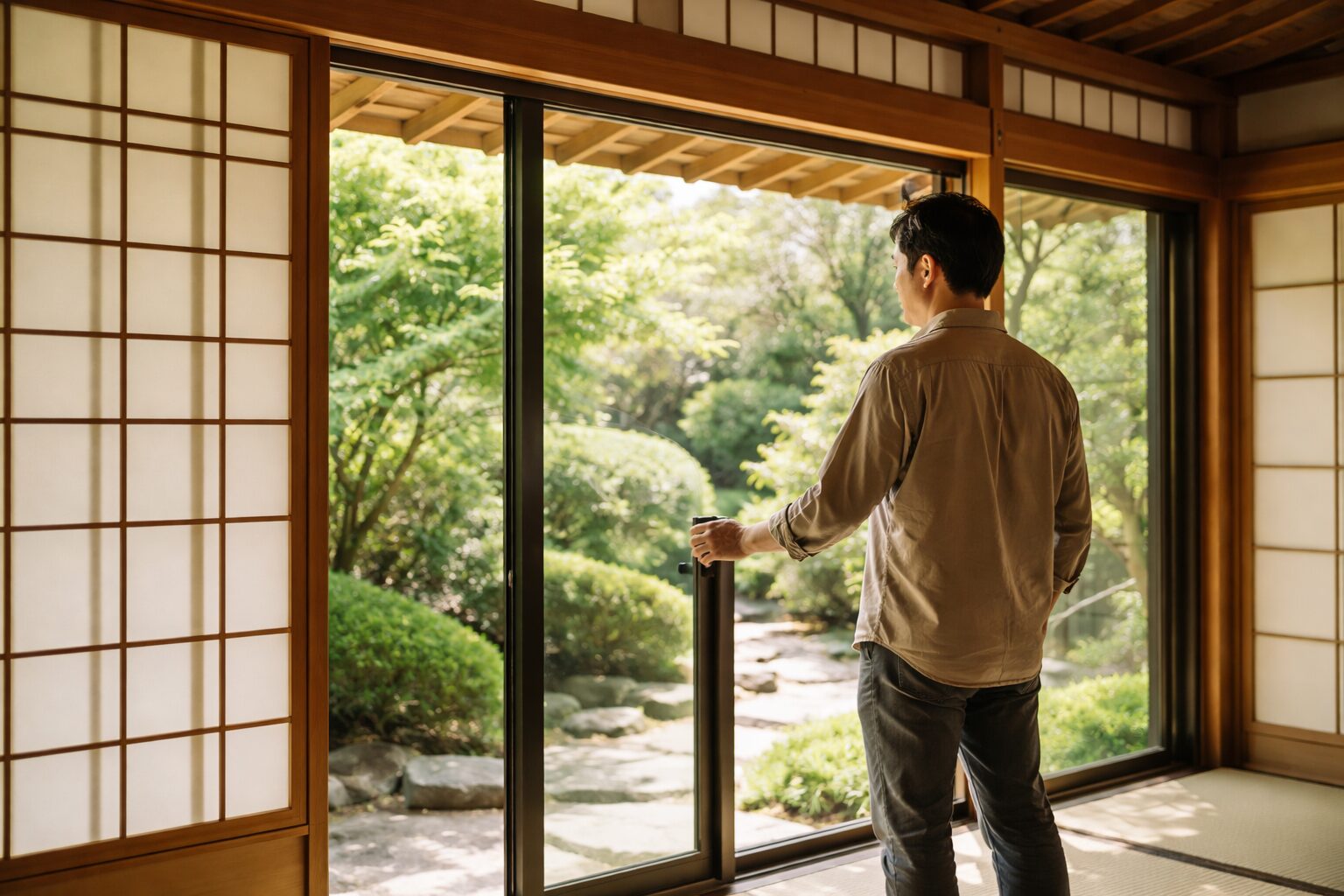 日本人男性が日本家屋の窓辺で佇む様子