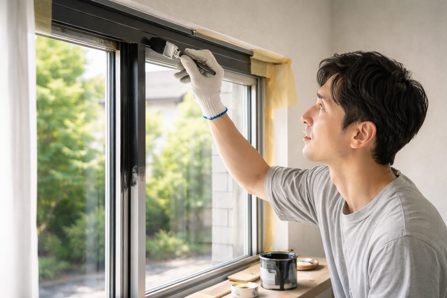 日本人男性が行うアルミサッシ塗装diy作業