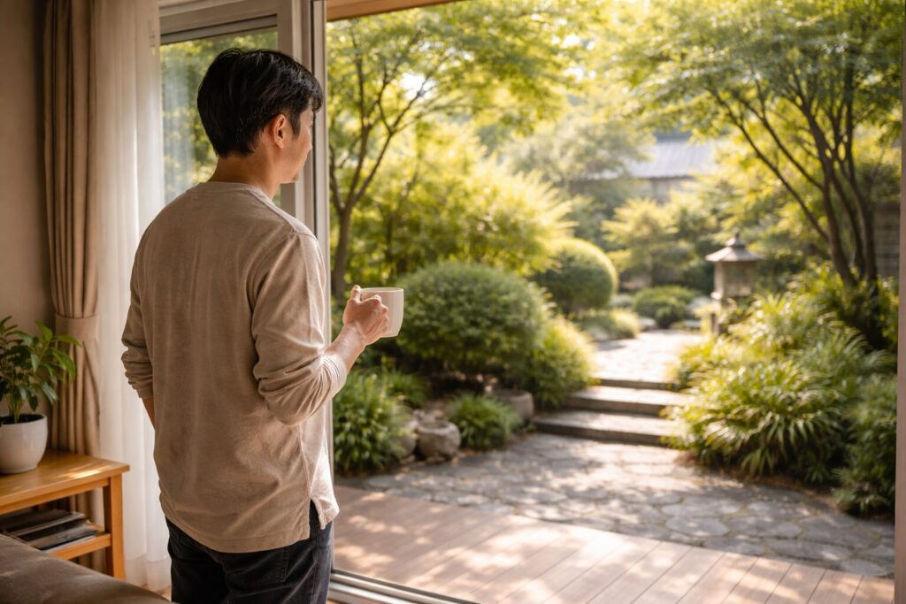 日本人男性が窓枠モヘアの密着具合を確認
