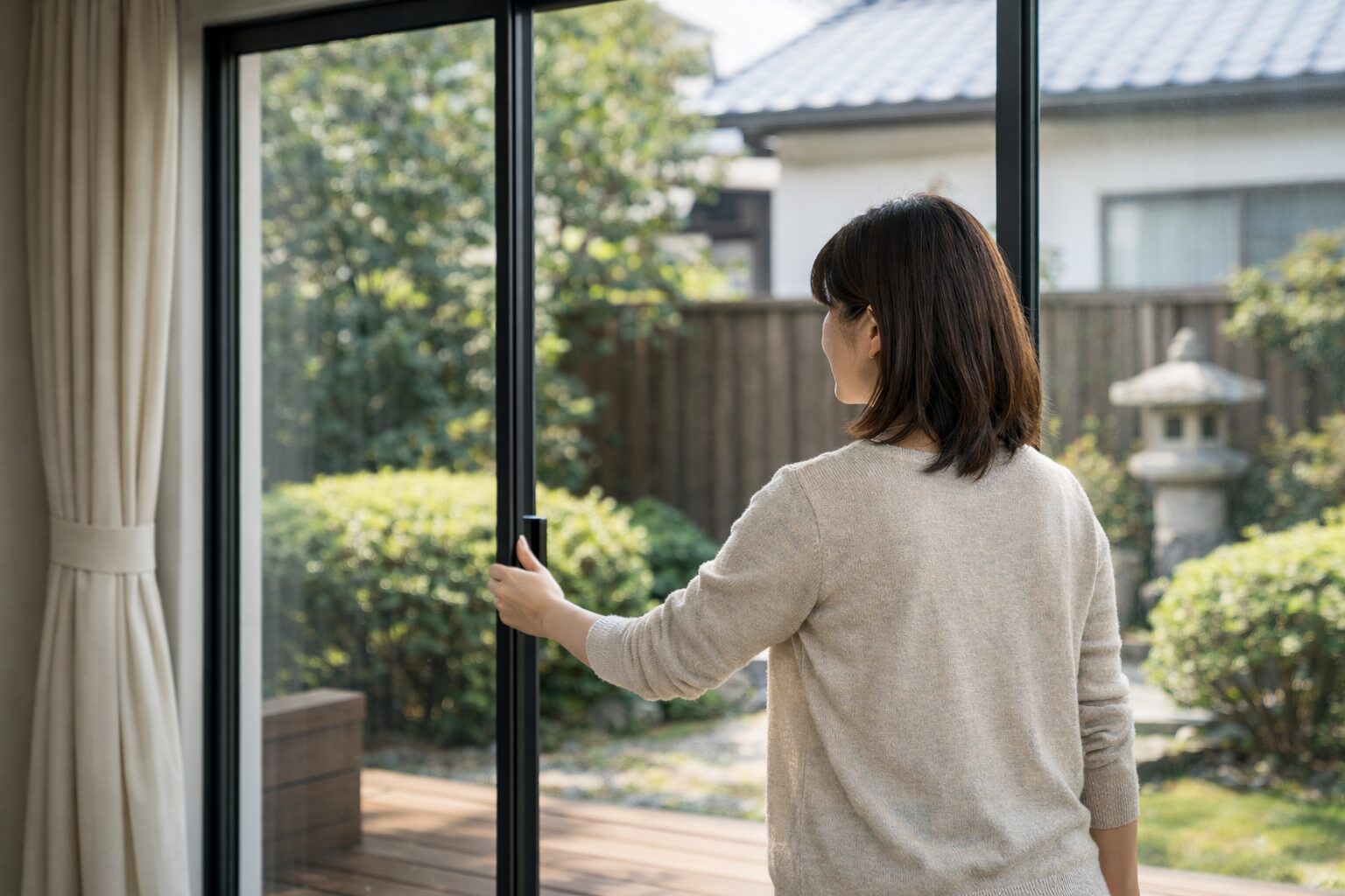 日本人女性が建具のフラットバー枠を点検