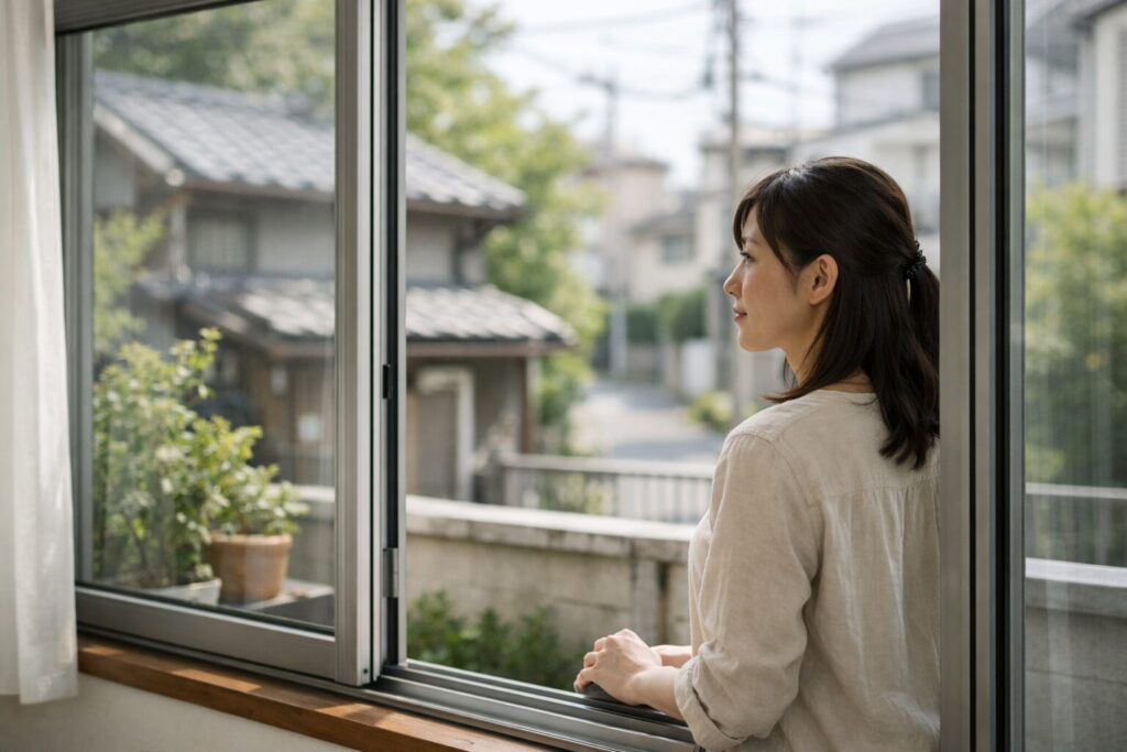 日本人女性がB2ポスターフレームを整える様子