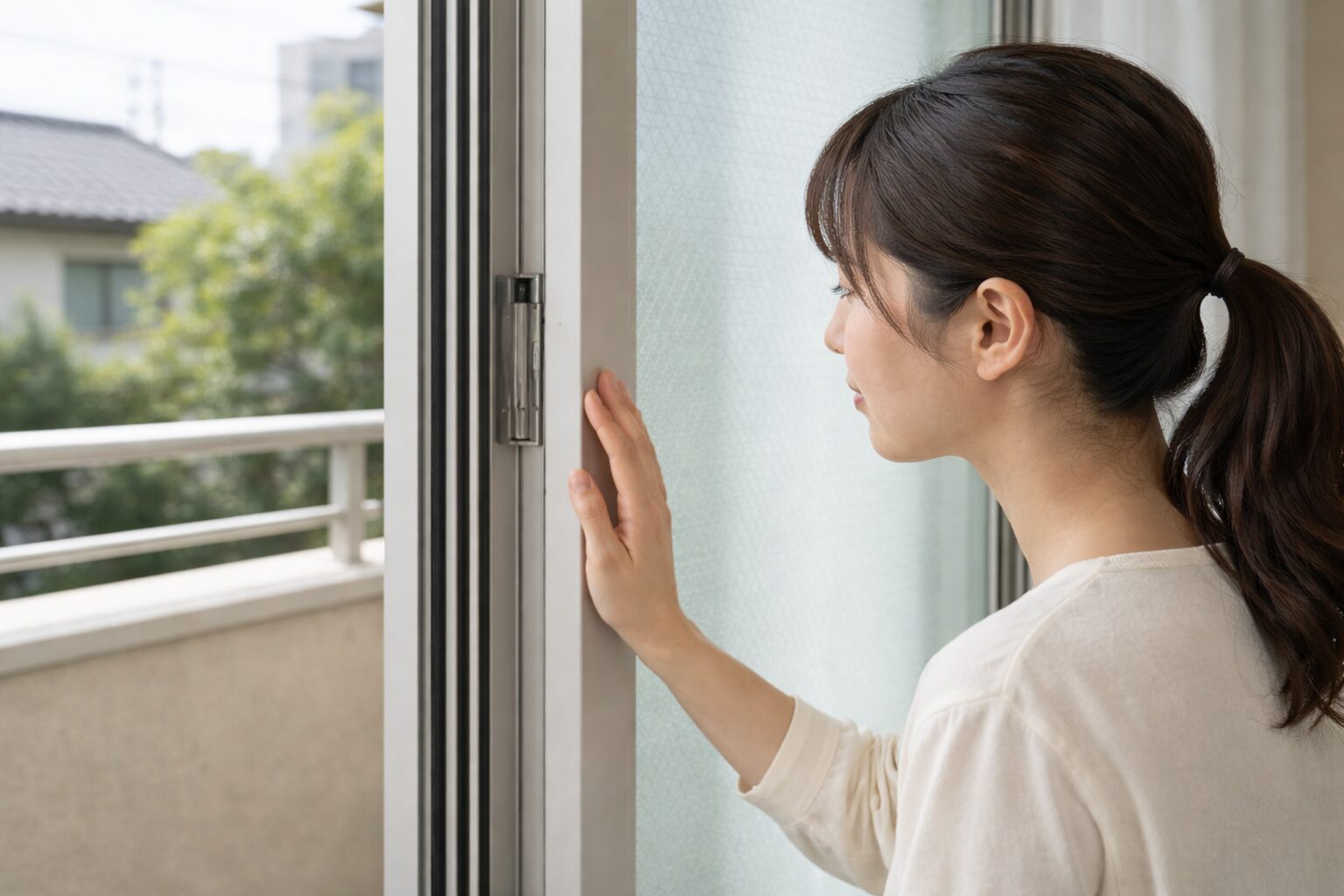 日本人女性が戸先の形状を見ている場面