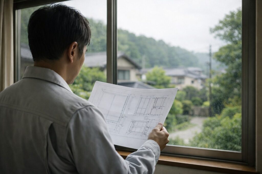 日本人男性が示す窓の建築図面要点