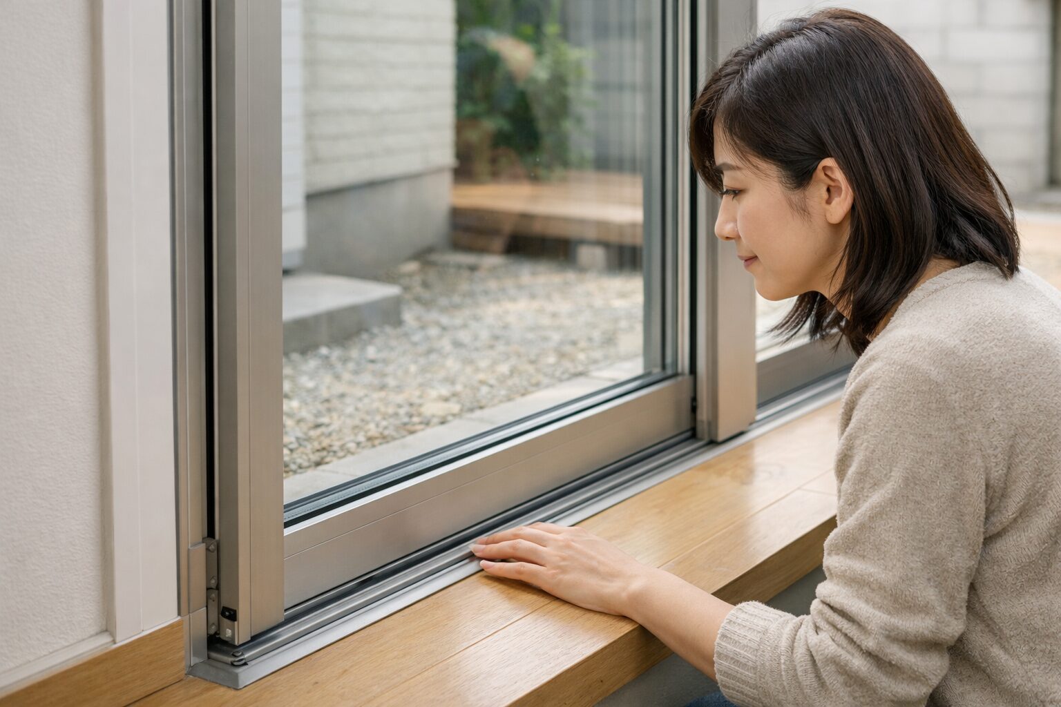 建具納まりを確認する日本人女性施工者