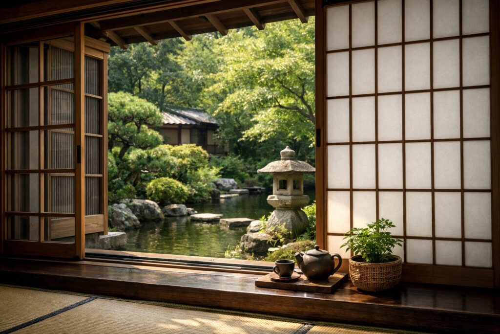 日本家屋の窓が映す落ち着いた外観