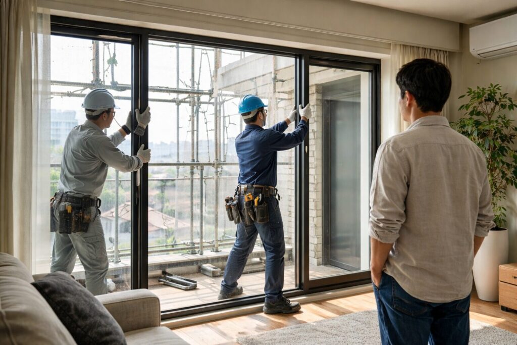 日本人男性が行うマンションサッシ交換の修繕作業