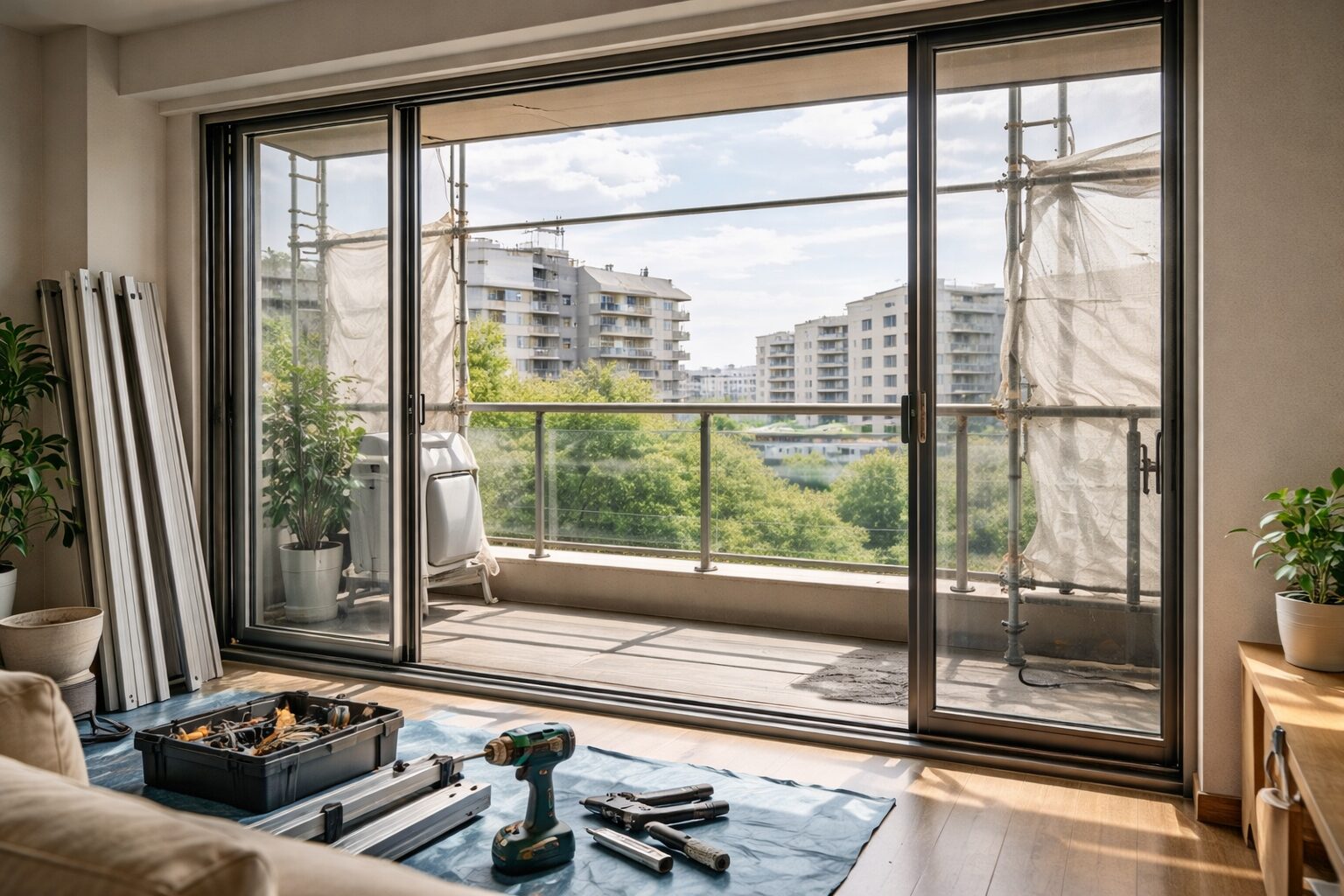 マンションサッシ交換の大規模修繕の作業風景