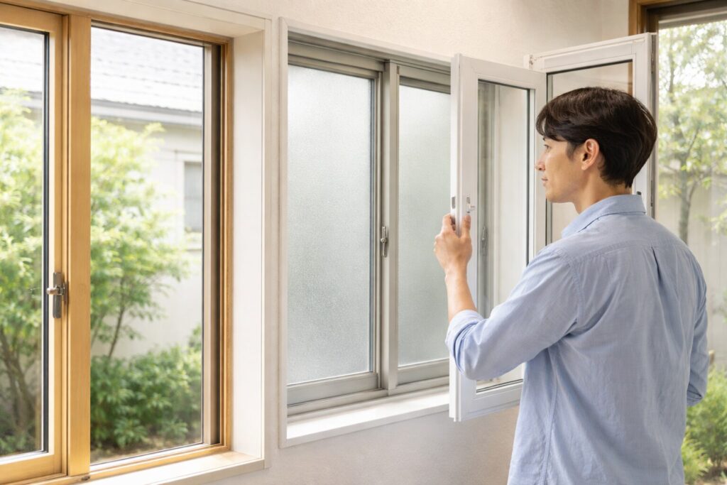 日本人男性が建具の名称と種類を確認する様子