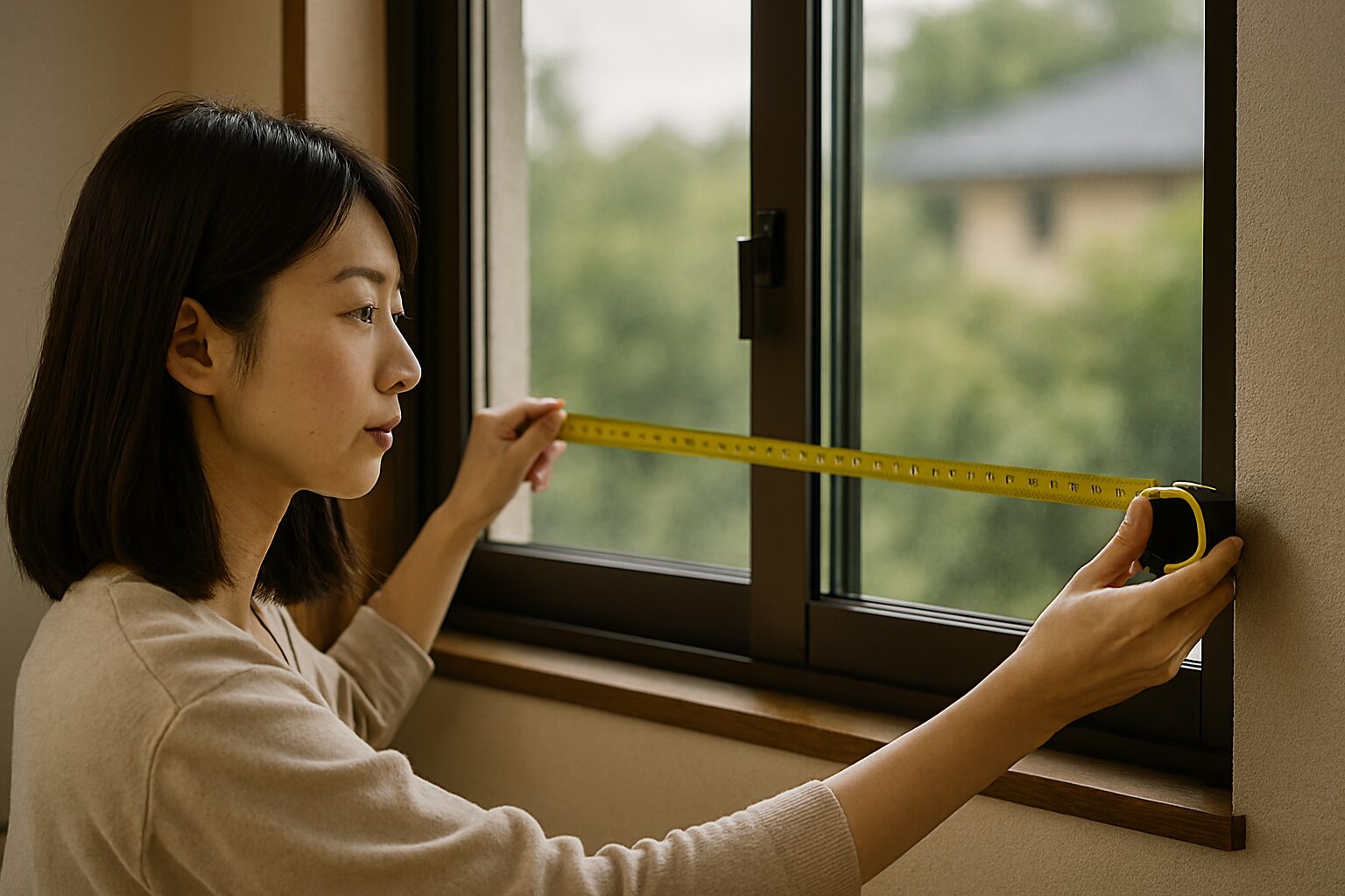 日本人女性がサッシ開口寸法を測る様子