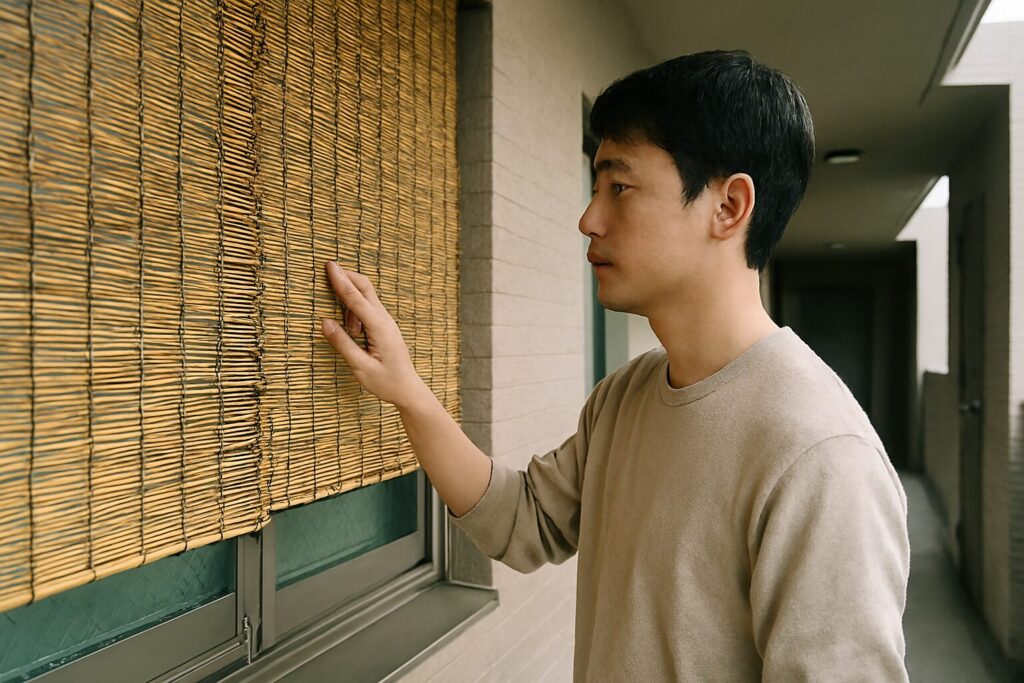共用廊下側窓に目隠しする日本人男性